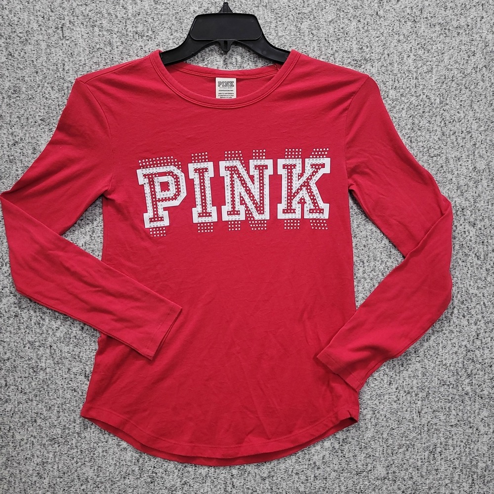 PINK Victoria's Secret Long Sleeve Red‎ Rhinestone Logo Tee Shirt Women's XS